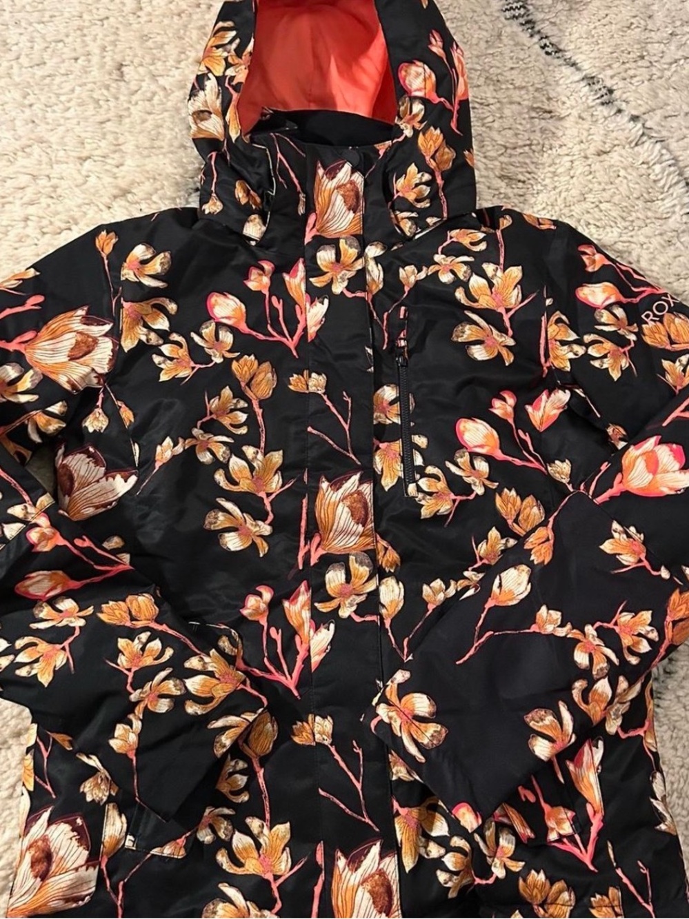 Roxy Black Floral Hooded Ski Jacket with Orange Accents